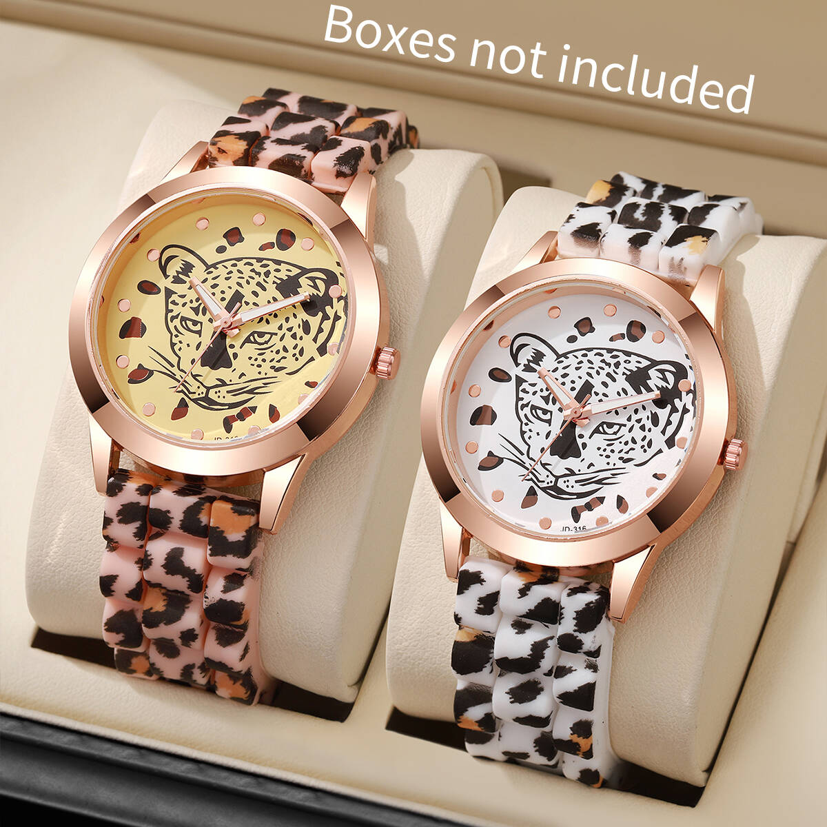 Silicone Band Women - 2 ピース/セットファッション女性用腕時計カジュアルヒョウ柄シリコンバンドレディースクォーツ時計リロイムジェ女の子用時計（箱なし）