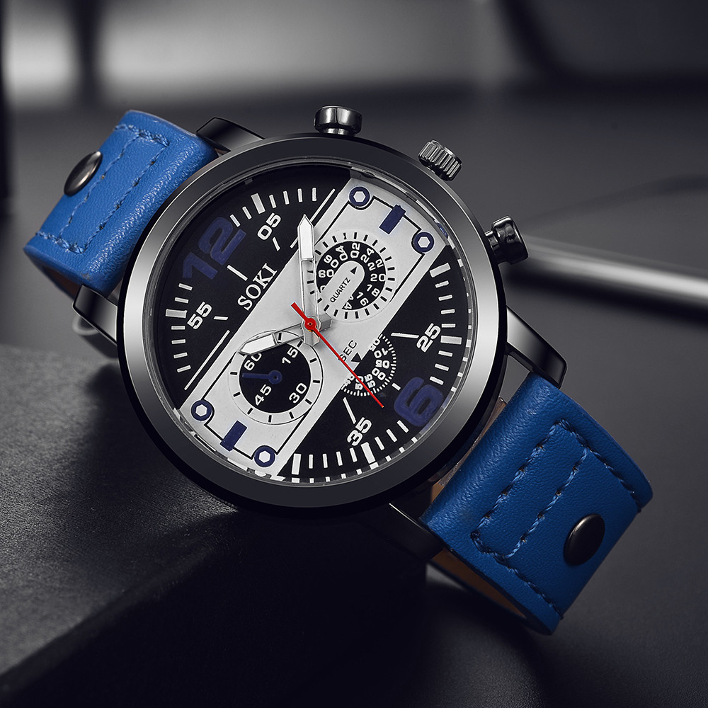 Leather Watch Band Men - 洗練されたメンズウォッチ シックなブラウンレザーバンド クォーツ時計 モダンなブラック ホワイト オレンジ