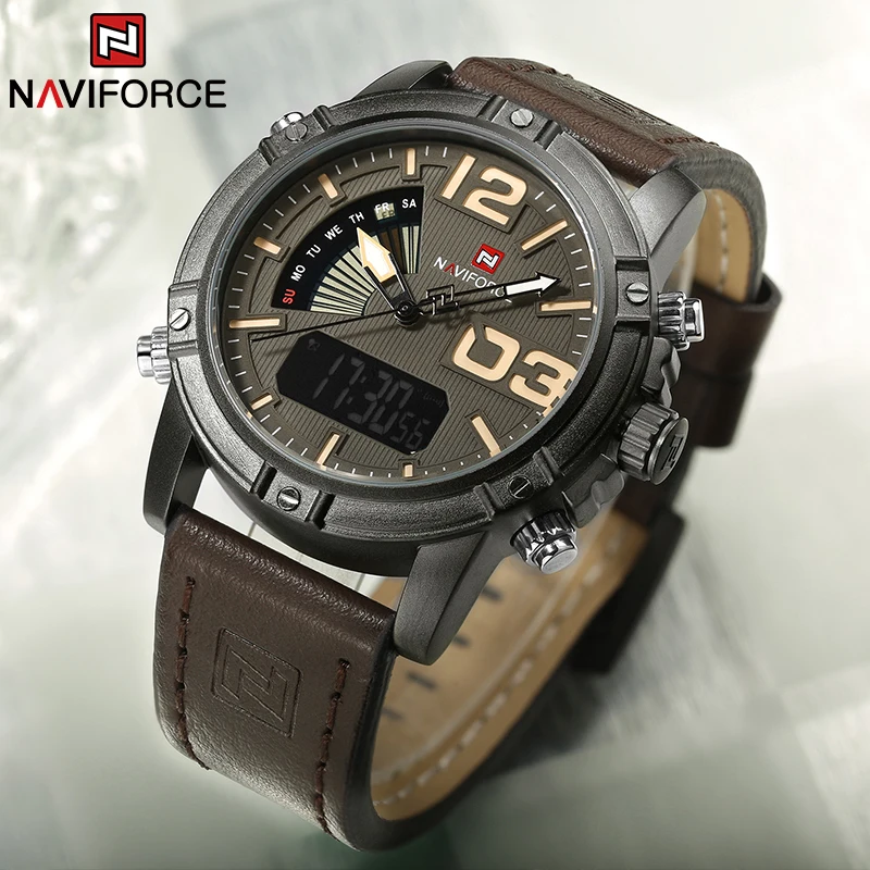 Leather Watch Band Men - NAVIFORCE トップブランドメンズ腕時計多機能 LED デジタルスポーツ腕時計高級ミリタリーレザーバンドクォーツ電子男性時計