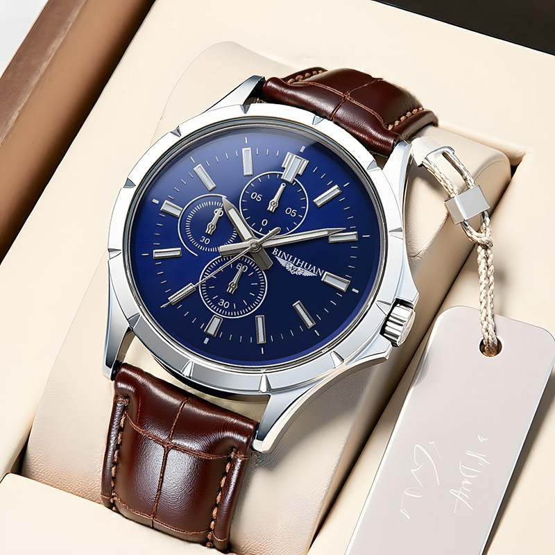 Leather Watch Band Men - メンズ クロノグラフ クォーツ時計、ブルーダイヤル ブラウンレザーストラップ 防水 ビジネス腕時計