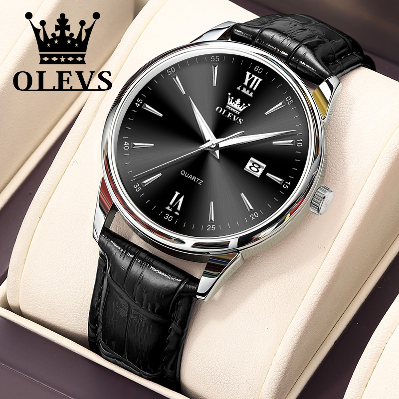 Leather Watch Band Men - Olevs-メンズクォーツ防水時計,ビジネス,レザーストラップ,クラシック,超薄型,6.5mm,日付ダイヤル,高級ブランド,ファッショナブル