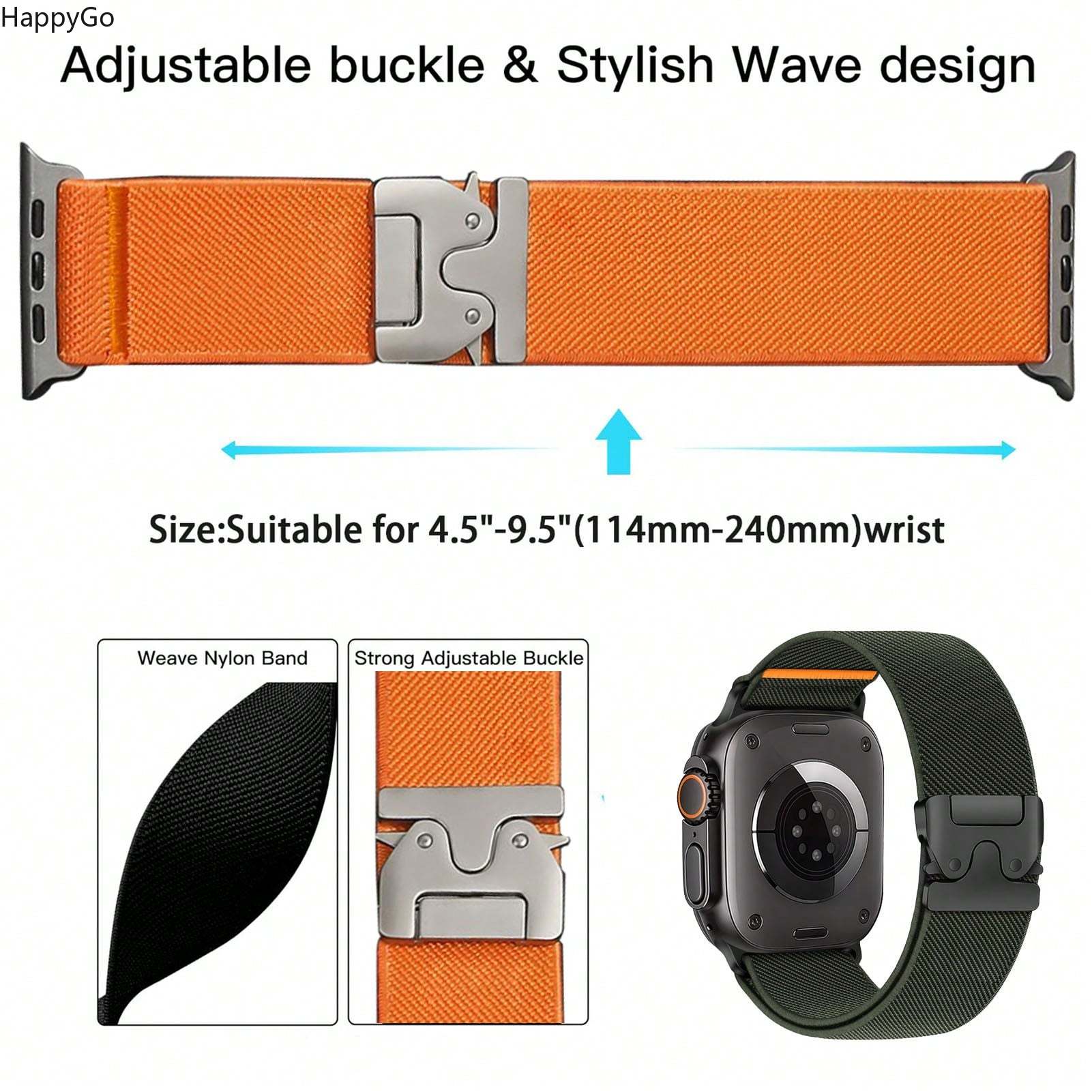 Parachute Strap Elastic - 幅広で伸縮性のあるナイロン製リストストラップ、パラシュートバックル付き、伸縮性のあるスポーツウォッチバンド、男性と女性向け、Apple Watch Ultra 1/2 49mm 46mm