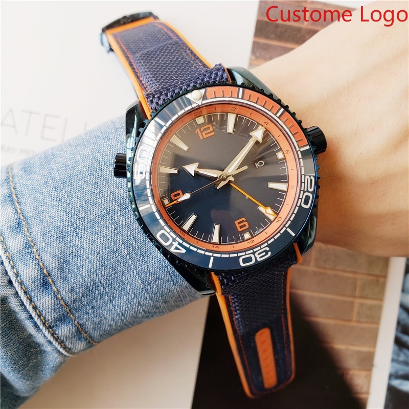 Rubber Strap Diver - メンズGMTダイビングウォッチ、ブルーとオレンジのツートンベゼル、織りナイロンとラバーのハイブリッドストラップ、発光機能付き防水スポーツ腕時計、旅行やアウトドアダイビングに最適