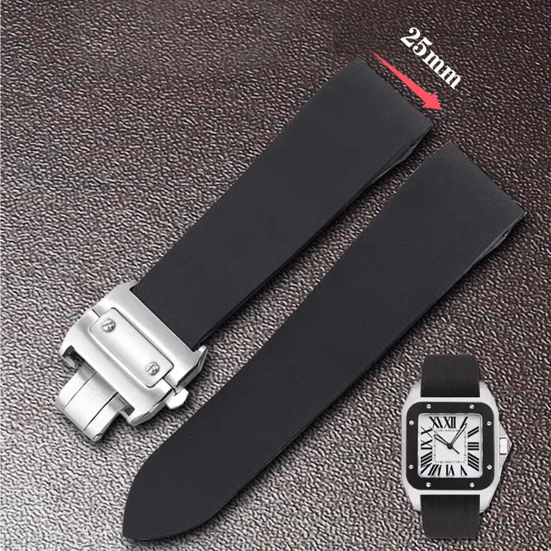 Cartier Watch Tank - 防水ラバーウォッチストラップ、ソフトシリコン、ステンレススチール、バックル付きウォッチバンド、ブラック、レオン100、w2020007、25mmに適合