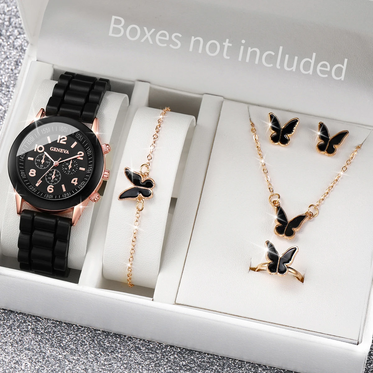 Silicone Band Women - 5/6 個ファッション女性用腕時計カジュアルシリコンバンドレディースクォーツ時計ジュエリーセットレロジオフェミニノガールズクロックギフト（箱なし）