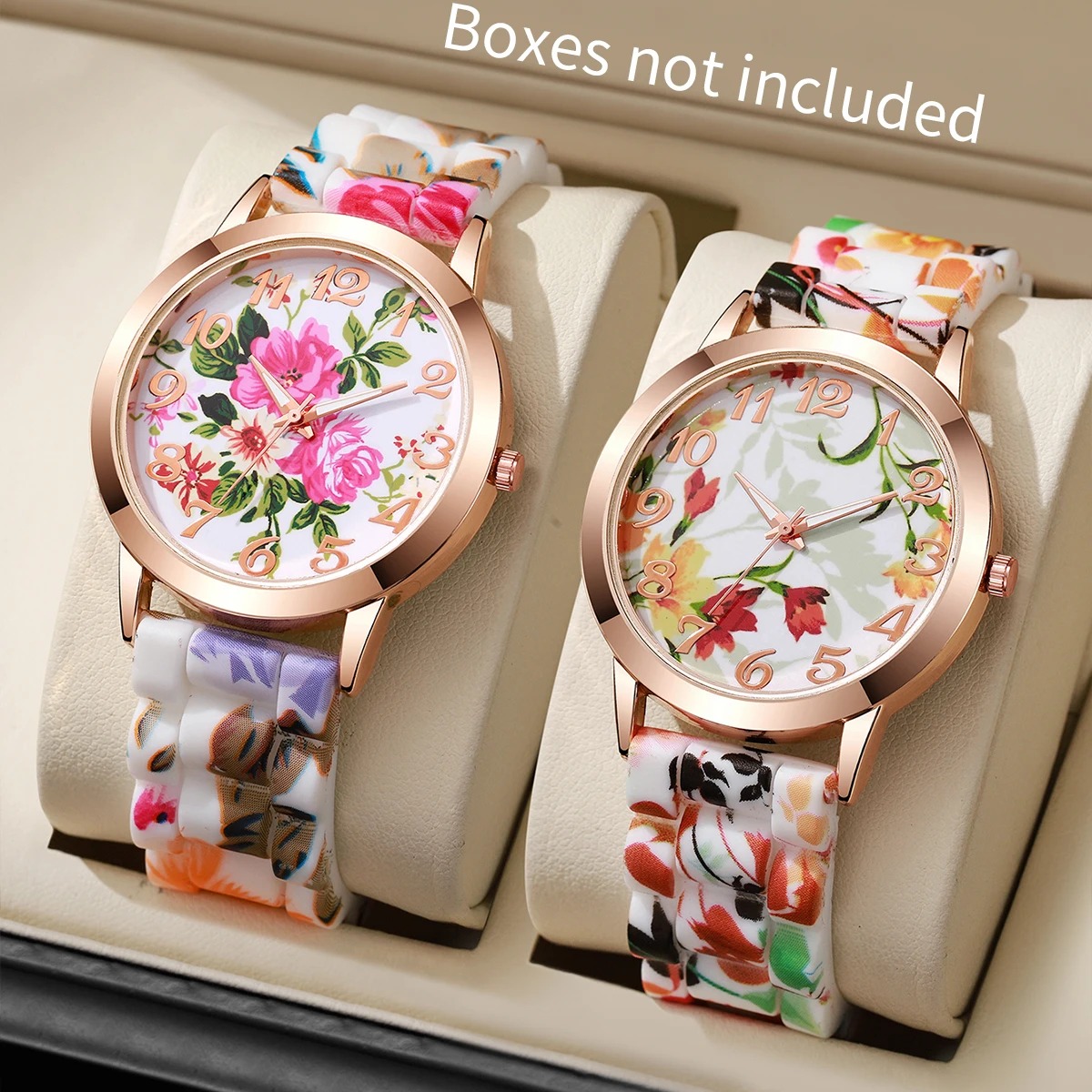 Silicone Band Women - 2 個ファッションフラワープリント女性用腕時計カジュアルシリコンバンドクォーツ時計時計 Reloj Mujer (箱なし)