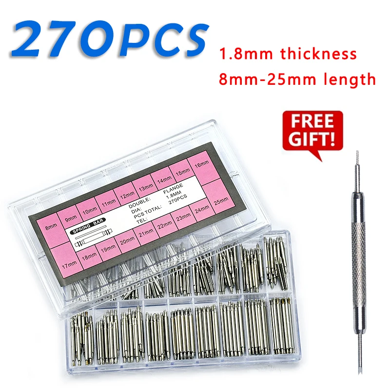 Spring Bar Tool Set - 270個/セット ステンレススチール製スプリングバー 直径1.5mm/1.8mm 長さ8mm - 25mm/6mm