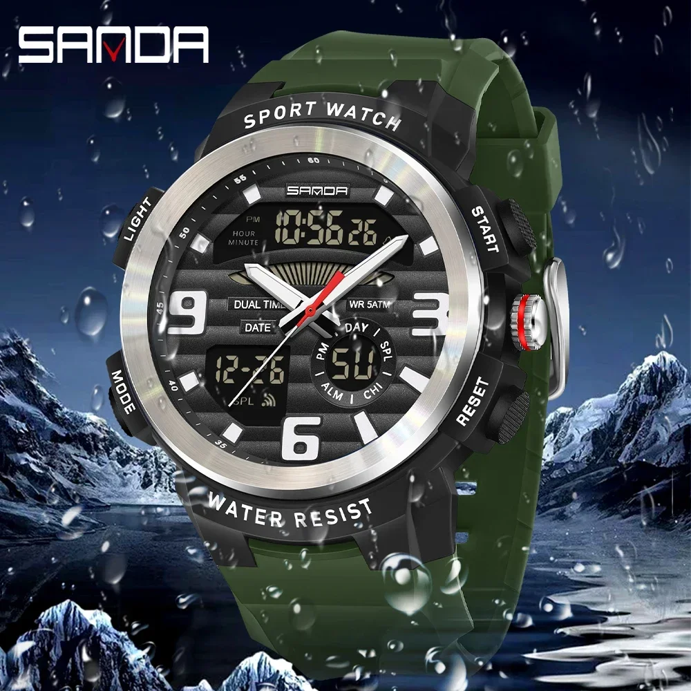 Rubber Strap Diver - SANDA多機能メンズ腕時計 デュアルディスプレイ 防水デジタルスポーツ腕時計 メンズシリコンストラップ LED日付表示 クォーツ時計