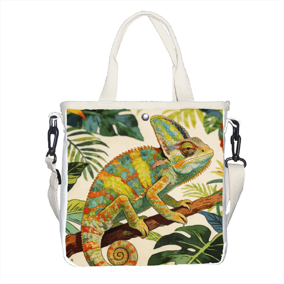 Tropic Strap Vintage - ヴィンテージ ボタニカル カメレオン トートバッグ、調節可能なストラップ付きトロピカル レプタイル ショルダーバッグ