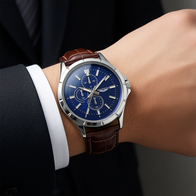 メンズ クロノグラフ クォーツ時計、ブルーダイヤル ブラウン - Leather Watch Band Men のレビューと価格