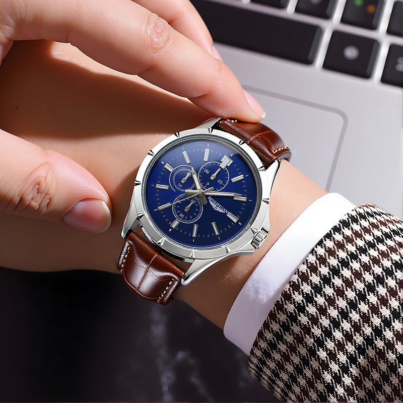 メンズ クロノグラフ クォーツ時計、ブルーダイヤル ブラウン - Leather Watch Band Men のレビューと価格
