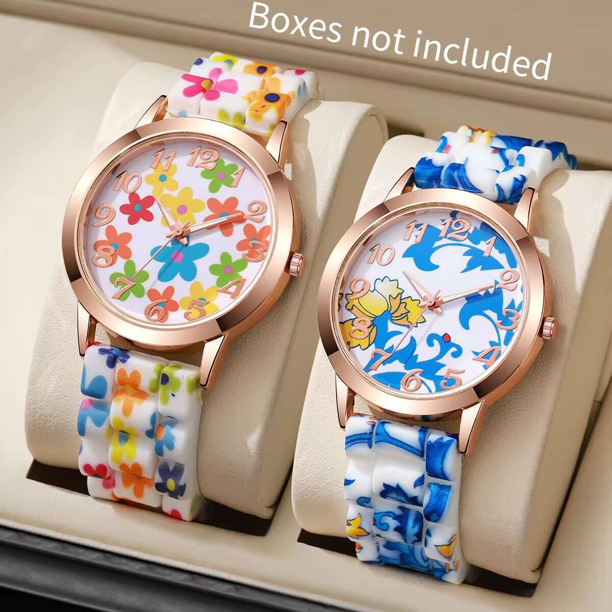 2 個ファッションフラワープリント女性用腕時計カジュアルシリ - Silicone Band Women のレビューと価格