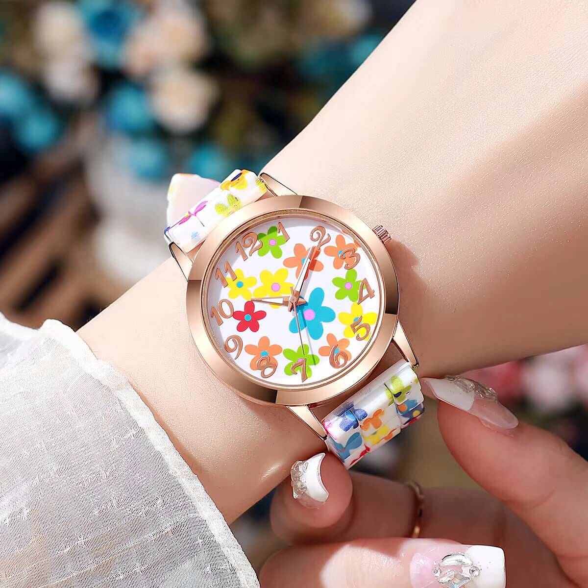 2 個ファッションフラワープリント女性用腕時計カジュアルシリ - Silicone Band Women のレビューと価格