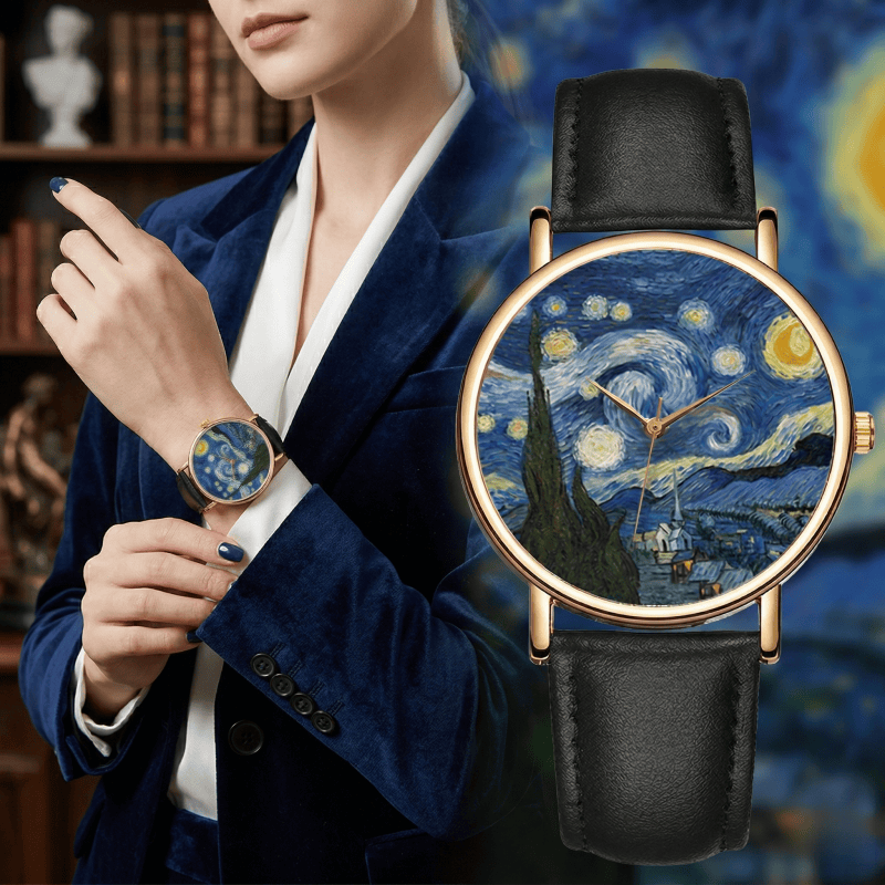 ゴッホの絵画をモチーフにしたダイヤルウォッチ、男女兼用、メタ - Leather Watch Band Men のレビューと価格